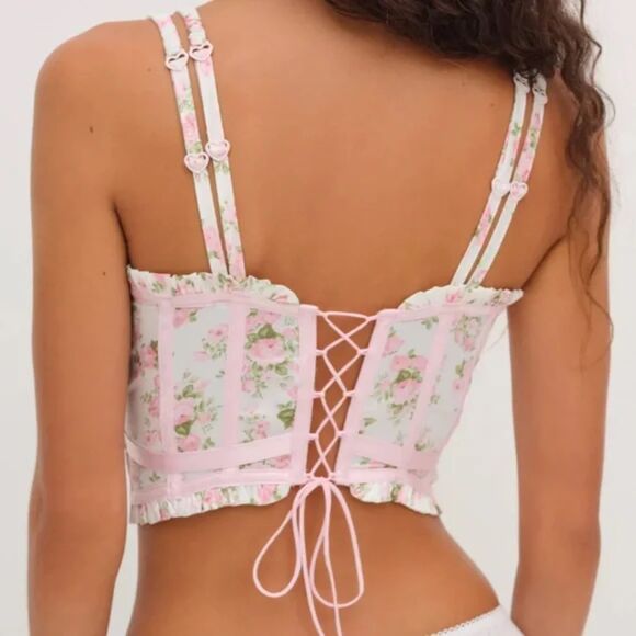 For Love & Lemons Naima Bustier Corset Top – Pink Floral Lace-Up Ribbon Tie - Picture 2 of 12